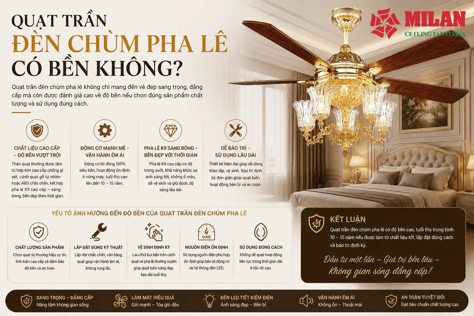 quạt trần đèn pha lê có bền không